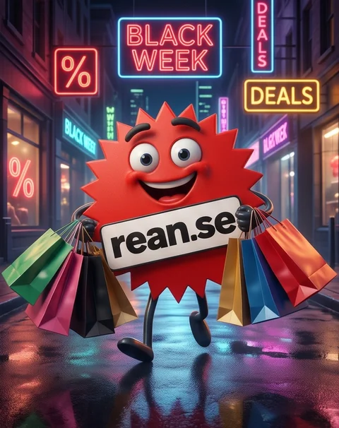 Rean-maskoten springer genom en neonlysande gata med shoppingkassar under en Black Week-skylt