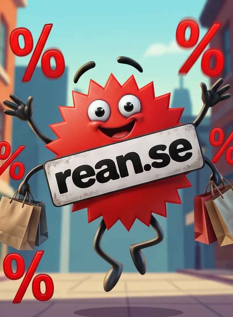Rean-maskoten hoppar av glädje omgiven av procenttecken och shoppingkassar