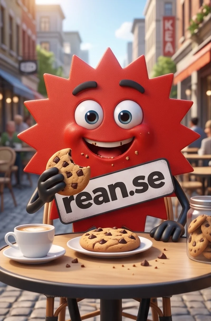 Rean-maskoten sitter vid ett kafébord och äter en chokladkaka med en kopp kaffe