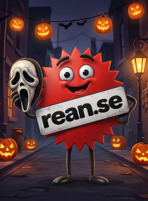 Rean-maskoten med en spökmask bland pumpor och lyktor