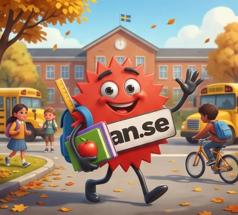 Rean-maskoten med ryggsäck, böcker och äpple framför en skola en höstdag
