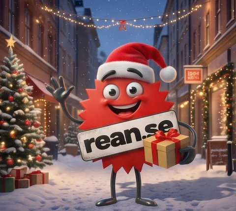 Rean-maskoten med tomteluva och en julklapp i en snöig stad