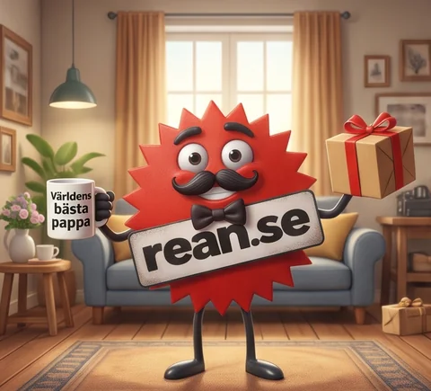 Rean-maskoten med mustasch, fluga, en pappamugg och ett paket