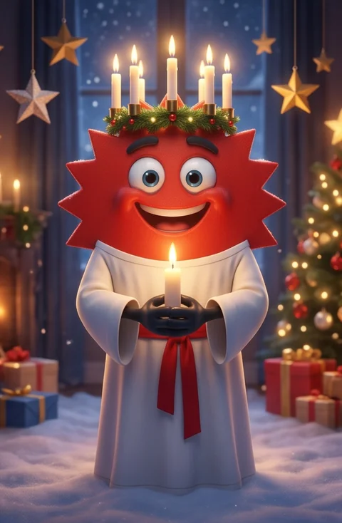 Rean-maskoten som lucia med ljuskrona och ett tänt ljus