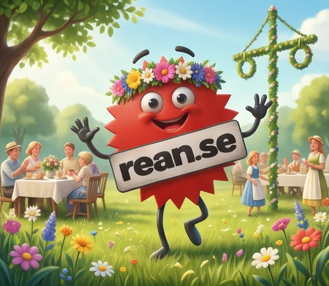Rean-maskoten med blomkrans vid en midsommarstång