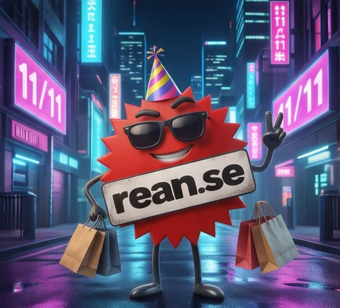 Rean-maskoten med partyhatt och solglasögon bland neonskyltar med 11/11