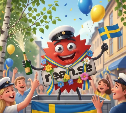 Rean-maskoten med studentmössa, blomkrans och svensk flagga bland jublande studenter
