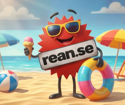 Rean-maskoten med solglasögon, glass och badring på stranden