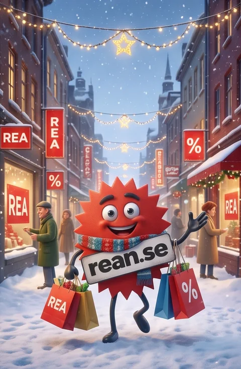 Rean-maskoten med halsduk och REA-kassar i en snöig, julsmyckad shoppinggata