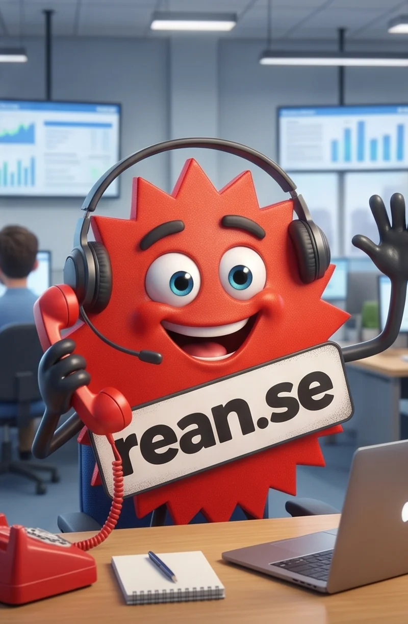 Rean-maskoten med headset och en röd telefonlur i ett supportkontor